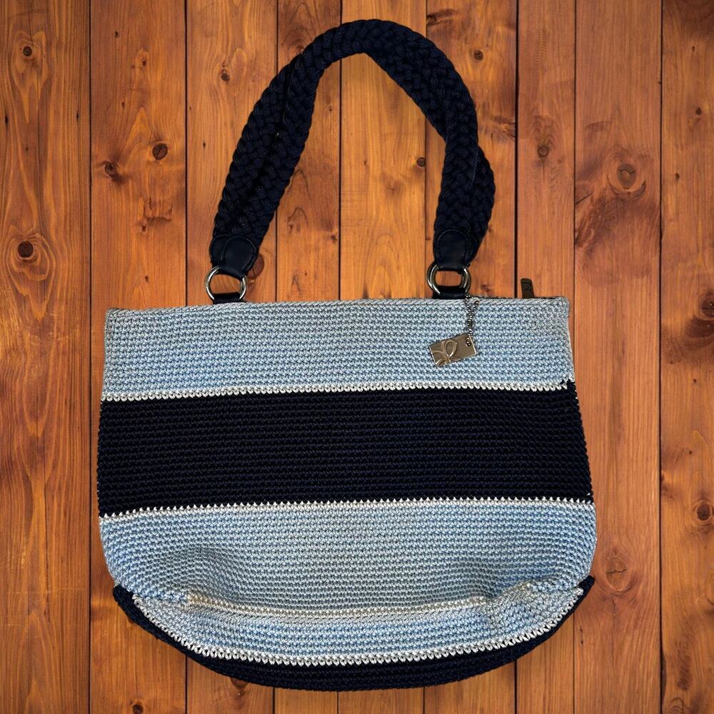 Lina Crocheted Bucket Bag Purse Blue 14.5" x 10" x 4.5"